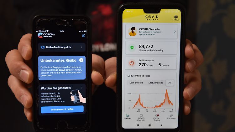 Die deutsche Corona-App (l.).und der irische Covid-Tracker im Vergleich.