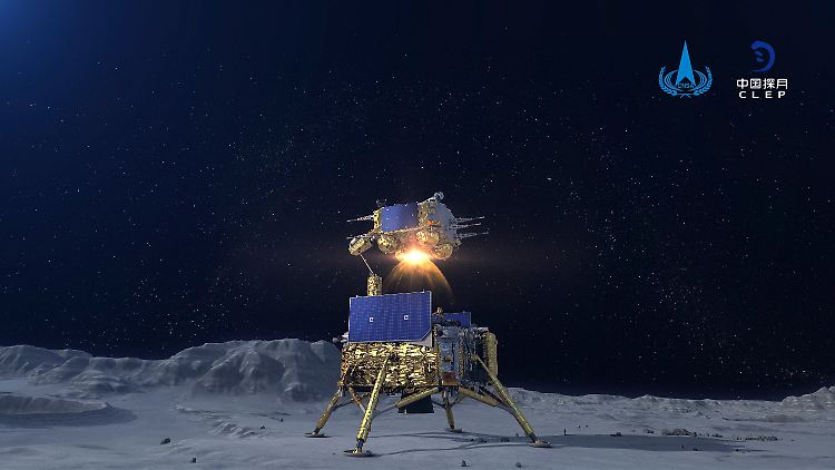 Eine Simulation der chinesischen Raumfahrtagentur zeigt das Raumschiff "Chang'e 5" auf der Mondoberfläche.