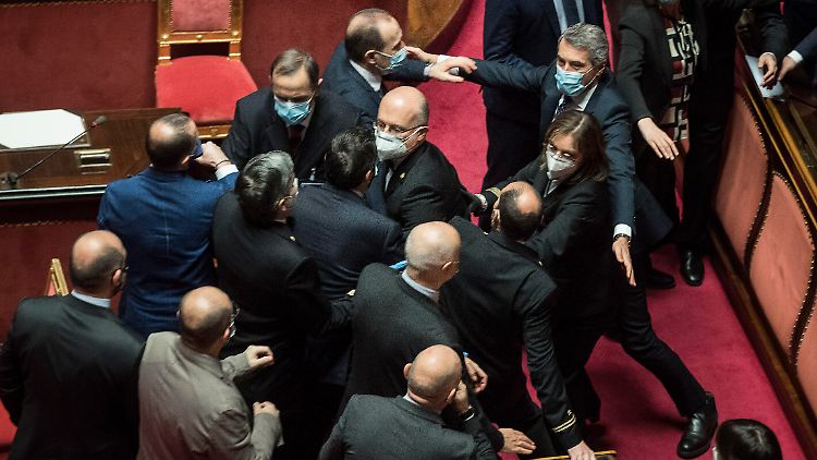 Saaldiener müssen die Abgeordneten trennen: Im Senat in Rom fliegen die Fetzen. 