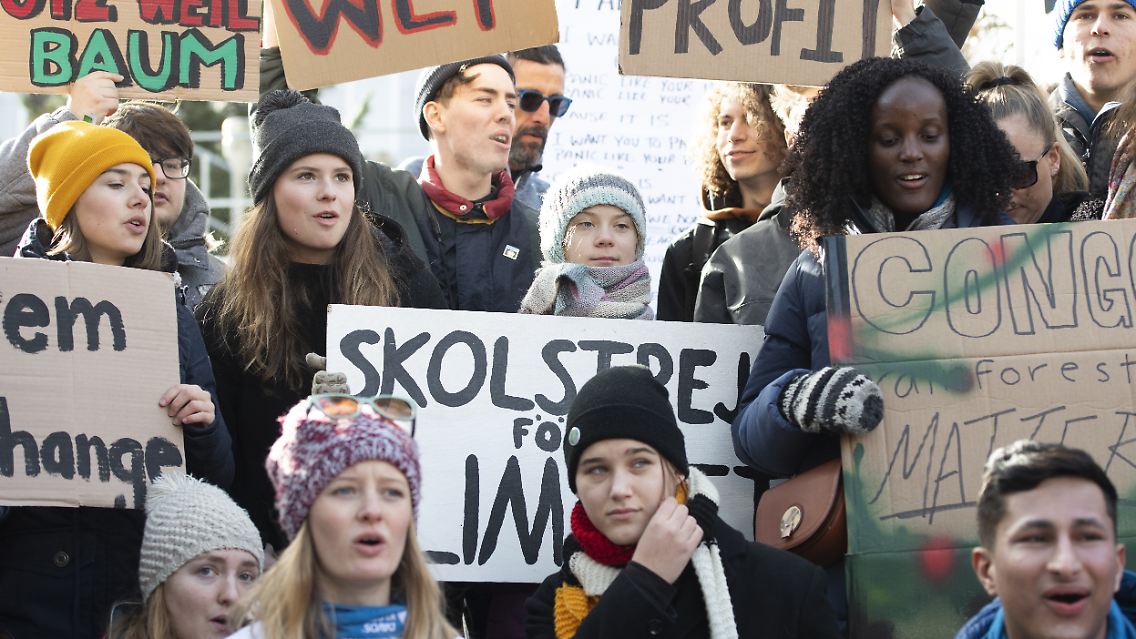 Die Klimaaktivistinnen Greta Thunberg (2. Reihe, M), Luisa Neubauer (2. Reihe, 2.v.l), Isabelle Axelsson (1. Reihe, 2.v.r), Loukina Tille (1. Reihe, l.) und Vanessa Nakate (r.) bei einer Protestaktion von "Fridays for Future" beim Weltwirtschaftsforums vor einem Jahr.