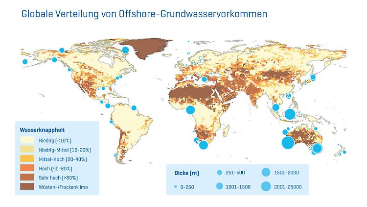 Die Karte gibt einen Überblick über Offshore-Grundwasservorkommen weltweit, bei denen die Mächtigkeit der wasserführenden Schicht bekannt ist.