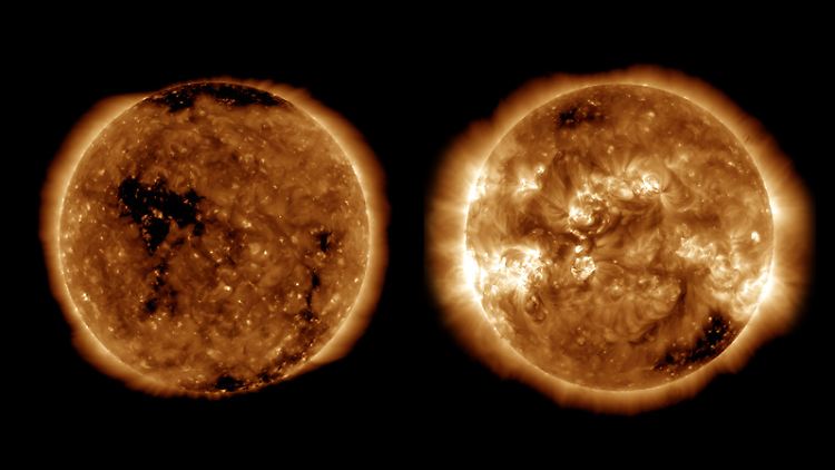 Aufnahmen der Sonne in einem Aktivitätsminimum (l., Oktober 2019) und einem Aktivitätsmaximum (April 2014).