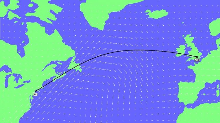 Die optimale Route von New York nach London durch ein Jetstream-Windmuster.