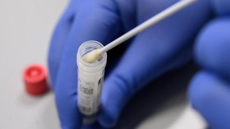 Ein Mann zeigt einen Abstrich für das Testverfahren auf das Virus Sars-CoV-2.