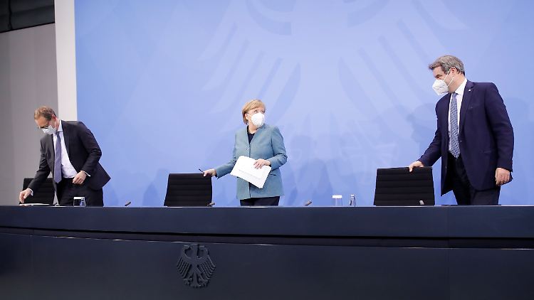 Müller, Merkel und Söder nach dem Impfgipfel.