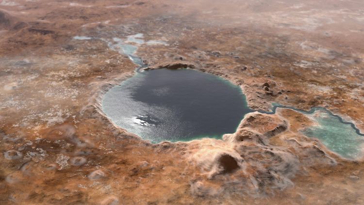 Der Jezero-Krater auf dem Mars war früher vermutlich mit Wasser gefüllt. Dort soll US-Rover "Perseverance" landen. (Computergrafik)