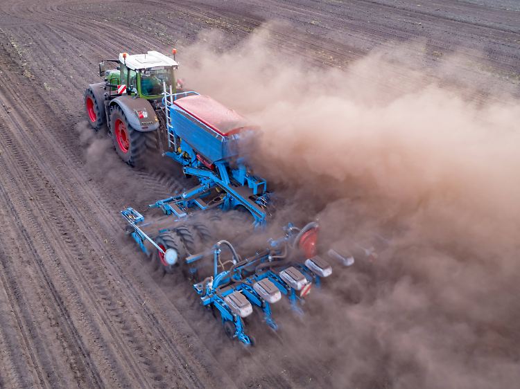 Schlepper mit Maislegegerät im Frühjahr: Ist der Boden lange unbedeckt, wird er bei Wind leichter weggeweht.