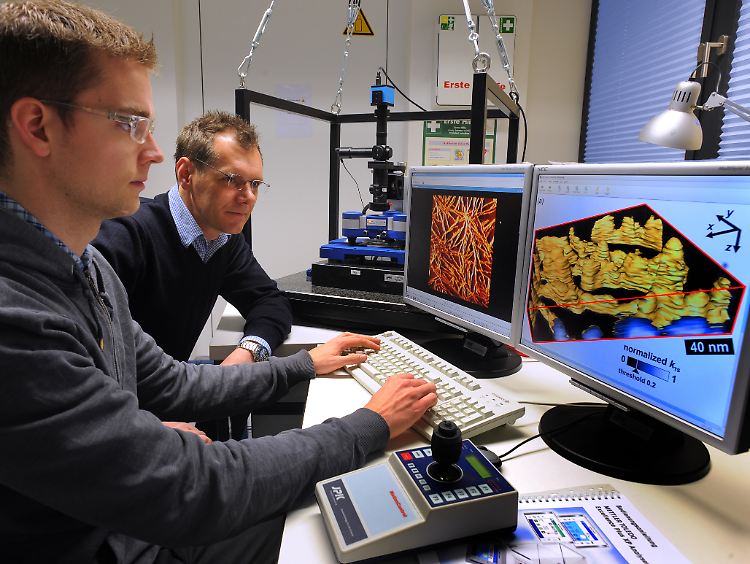 Eike-Christian Spitzner (l) und Prof. Dr. Robert Magerle von der TU Chemnitz werten die Daten des Rasterkraftmikroskops aus.