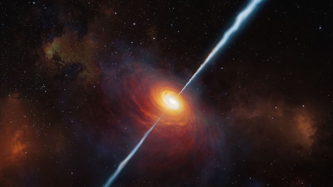 Künstlerische Darstellung eines Quasars wie P172+18. Ein zentrales supermassereiches schwarzes Loch zieht benachbartes Gas an.