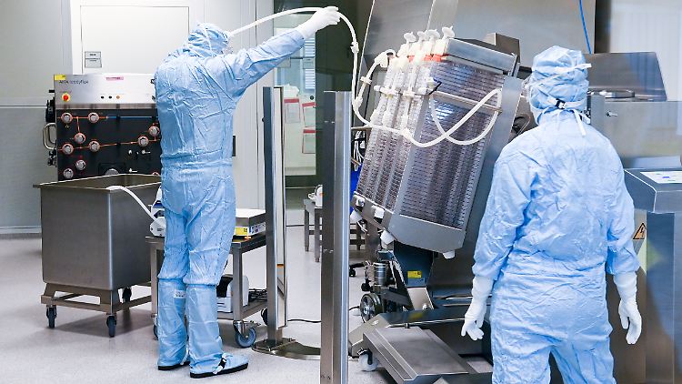 Mitarbeiter im Dessauer Werk von IDT Biologika sind mit der Wirkstoffherstellung beschäftigt.