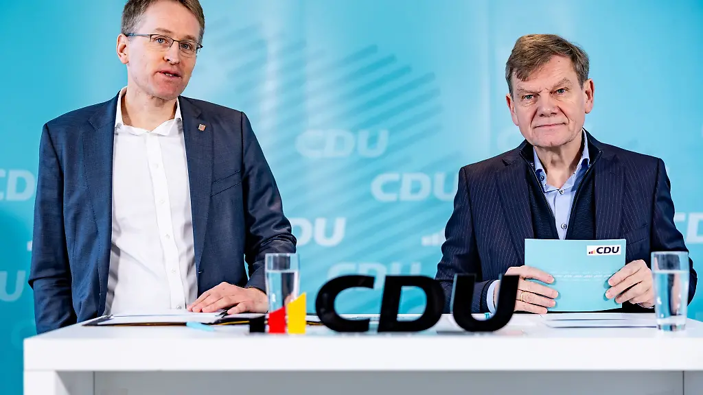 Der-CDU-Landesvorsitzende-und-Ministerpraesident-Daniel-Guenther-links-und-der-Spitzenkandidat-zur-Bundestagswahl-Johann-Wadephul-praesentieren-in-Kiel-die-Wahlkampfschwerpunkte-der-CDU-Schleswig-Holstein