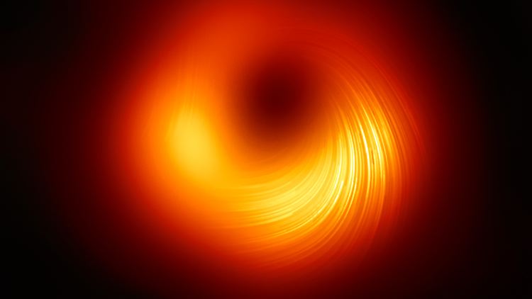 Dieses EHT-Bild zeigt die Magnetfelder in der unmittelbaren Nähe des Schwarzen Lochs in der Galaxie Messier 87 (M87).