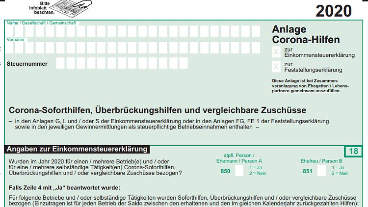 Alle Selbstständigen, Gewerbetreibenden und Landwirte müssen die Anlage Corona-Hilfen ausfüllen.