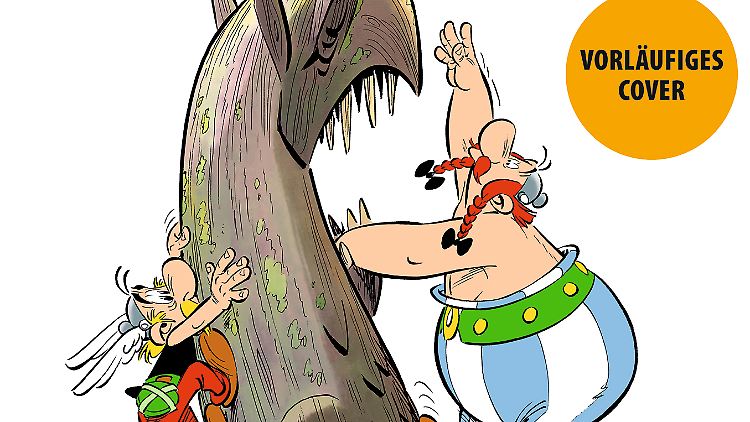 Auf dem noch vorläufigen Cover erklimmen Asterix und Obelix einen Baumstamm, der wie ein Greif gestaltet ist.