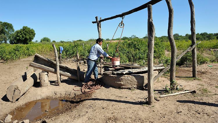Ein Kleinbauer in der argentinischen Provinz Chaco holt Wasser aus einem versiegenden Brunnen. Der Salzgehalt steigt, da die umliegenden Großgrundbesitzer zu viel Grundwasser für die Bewässerung ihrer Sojafelder abpumpen.