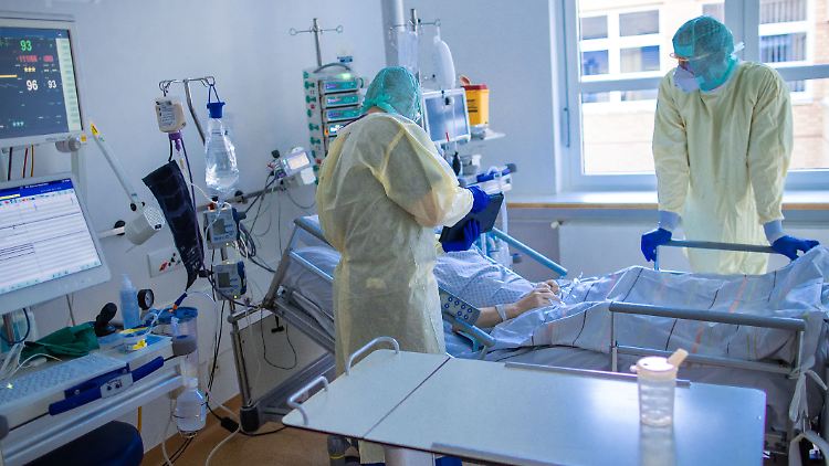 Ärzte und Pfleger versorgen einen Corona-Patienten auf einer Intensivstation.