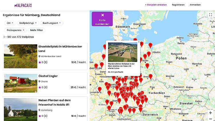 Über die Kartenansicht findet man alle in Deutschland von Alpaca Camping angebotenen Stellplätze.