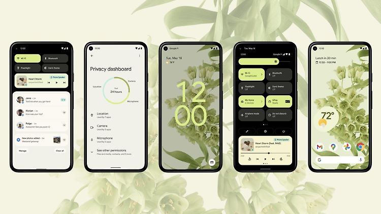 Die Farben der Benutzeroberfläche passen sich unter Android 12 automatisch einem gewählten Hintergrund an.