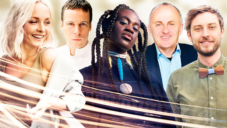 Sie vergeben Deutschlands Punkte: Janin Ullmann, Matthias Arfmann, Ivy Quainoo, Uwe Kanthak und Constantin Zöller (v.l.n.r.).