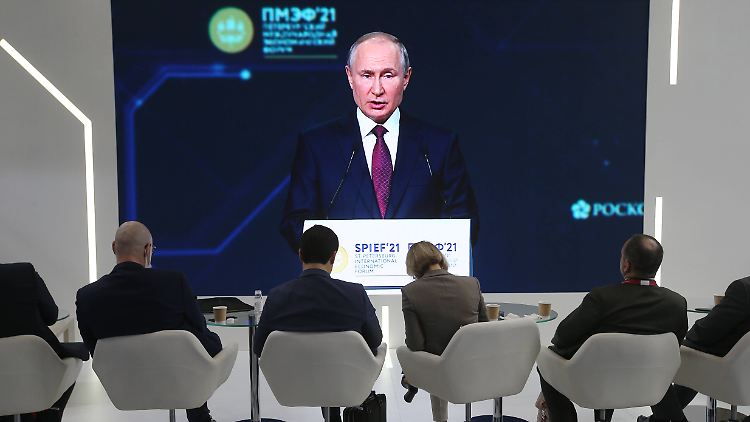 Putin war beim St. Petersburger internationalen Wirtschaftsforum per Video zugeschaltet - und lobte russisches Gas im Vergleich mit amerikanischem als "sauberer, billiger und verlässlicher".