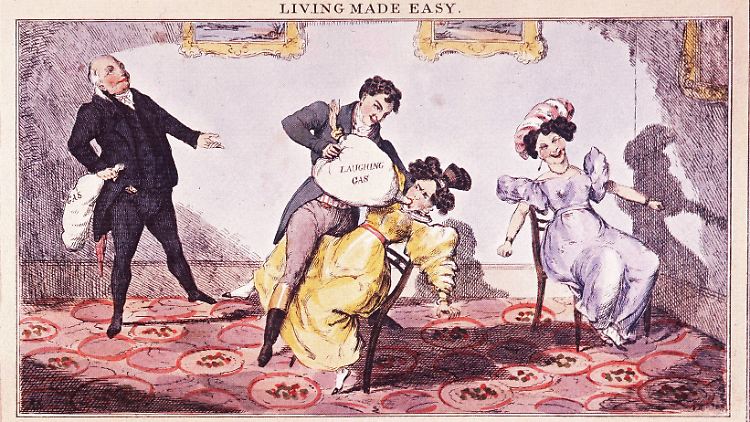 Lachgas wird in der Medizin seit Langem als Narkose- oder Schmerzmittel eingesetzt, hier karikiert in einer Radierung von 1830.