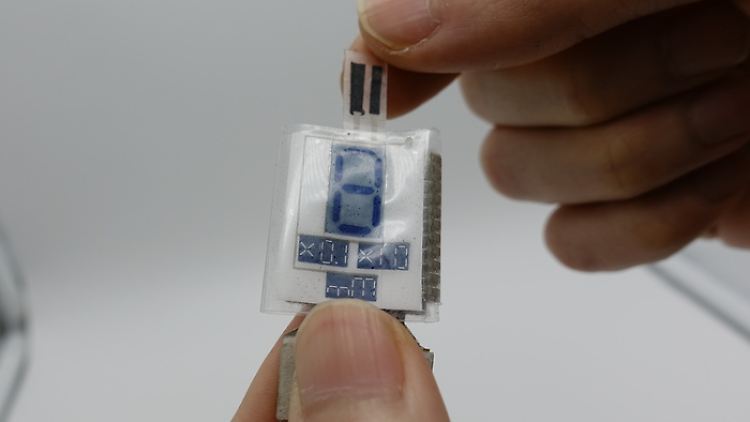 Vitamin-C-Sensor für die Fingerspitze mit einem elektrochromen Display, der durch berührungsbasierte Biobrennstoffzellen und piezoelektrische Chips betrieben wird.