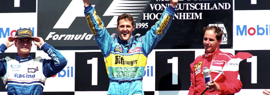 Siegerehrung Großer Preis von Deutschland 1995 mit Sieger Michael Schumacher (Deutschland / Benetton Renault), David Coulthard (Schottland / Williams Renault) und Gerhard Berger (Österreich / Ferrari).