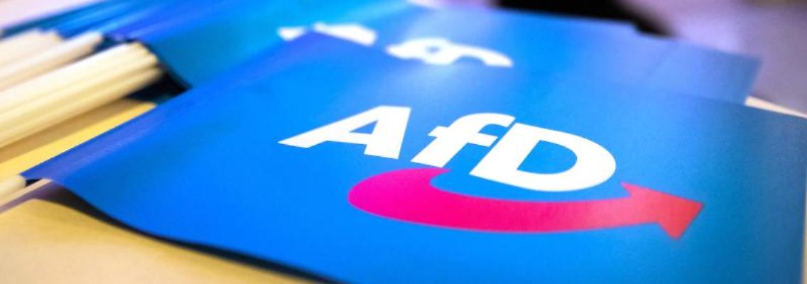Fähnchen mit dem Logo der AfD liegen auf einem Tisch. Foto: Daniel Karmann/dpa/Symbolbild