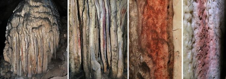 Flusssteinformation in der Sala de las Estrellas in der Cueva de Ardales mit den analysierten Spuren von rotem Pigment.