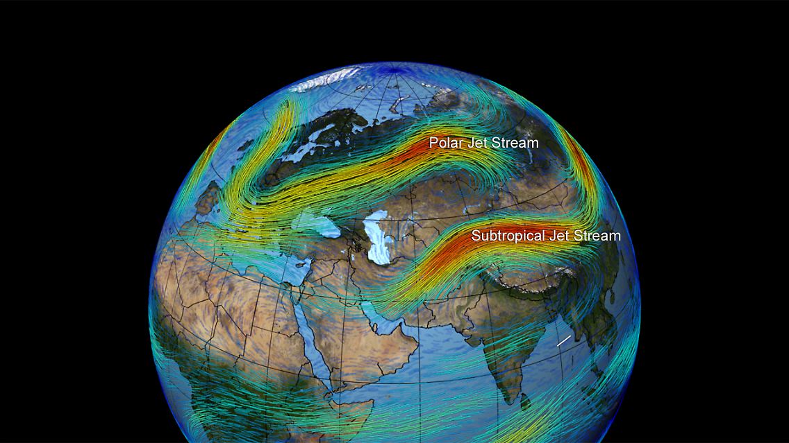 ... Jetstream auf der Nordhalbkugel. Das gewellte Band aus starken Winden trennt die kalten Luftmassen der Arktis von den wärmeren gemäßigten Zonen. Durch einen ungebremsten Klimawandel ...