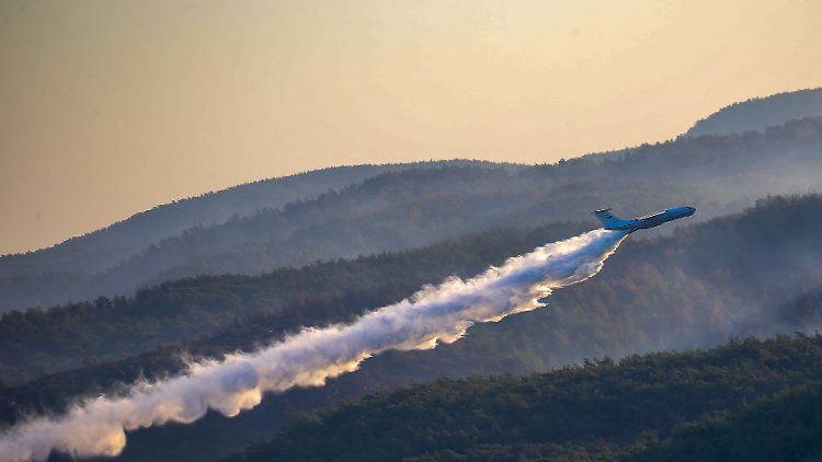 Ein Löschflugzeug hilft bei einem Waldbrand in der Türkei.