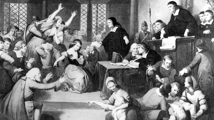 Lithografie eines der Hexenprozesse in Salem.