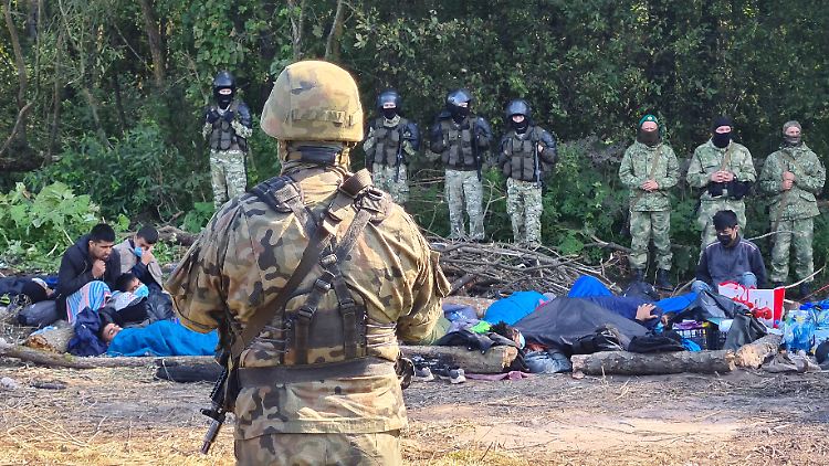 Polnische Grenzschutzbeamte hindern rund 30 Afghanen daran, ihre Reise durch Polen fortzusetzen, während bewaffnete Angehörige der belarussischen Sicherheitskräfte sie nicht nach Weißrussland zurückkehren lassen.