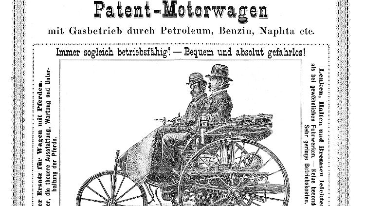 "Vollständiger Ersatz für Wagen mit Pferden": Dieser Werbeslogan sollte die Bevölkerung vom Benz Patent-Motorwagen überzeugen.