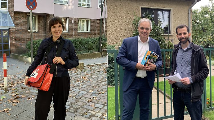 Elif Eralp (Die Linke) kämpft in Kreuzberg um Stimmen, Martin Pätzold (rechts) und Burkard Dregger klingeln für die CDU in Hohenschönhausen.
