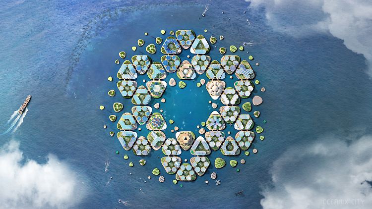 "Oceanix City": Schwimmende Wohn-Segmente sollen zu beliebig großen Strukturen kombiniert werden können.