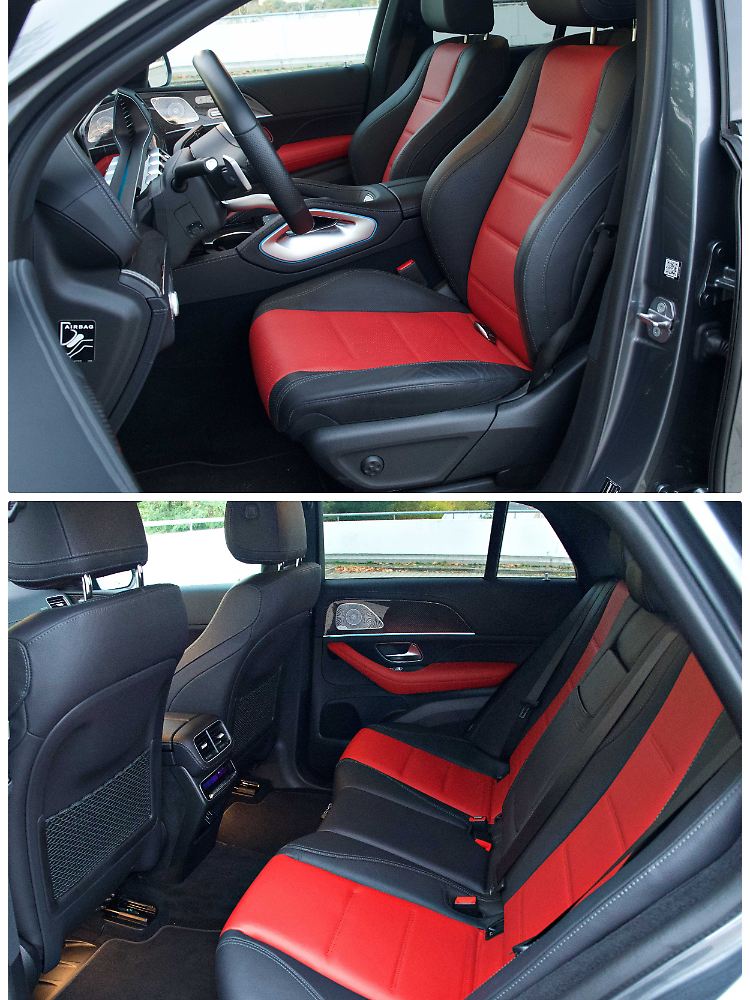 Die roten Sitze sowie die Karboneinlagen und das Äußere des GLE Coupé sind dem aufpreispflichtigen AMG-Paket geschuldet.