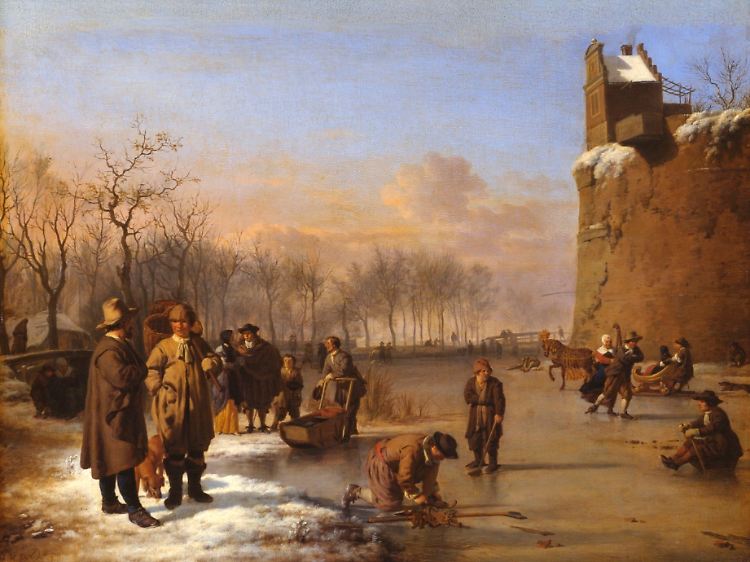 Die "Winterlandschaft mit Stadtmauer" (1669) von Adriaen van de Velde zeigt Arm und Reich beim Winterspaß vereint.