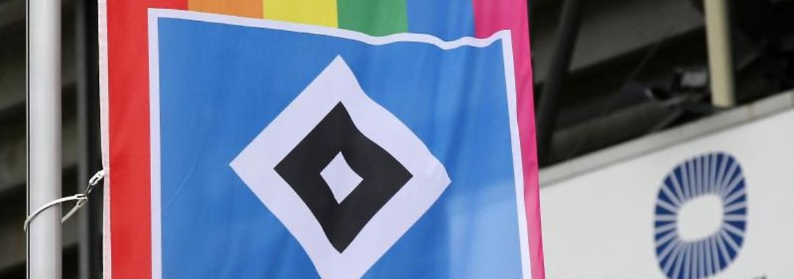 Eine Regenbogenfahne mit dem Logo des Fußball-Zweitligisten Hamburger SV. Foto: Bodo Marks/dpa/Archivbild