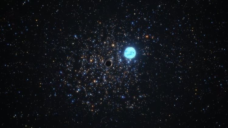 Diese Computergrafik zeigt den rhythmisch wackelnden Stern und das Schwarze Loch, die sich gegenseitig umkreisen.