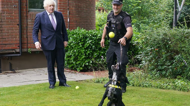 Drogen erspüren will erlernt sein - das geht auch spielerisch, wie der britische Premier Johnson hier beobachten kann.