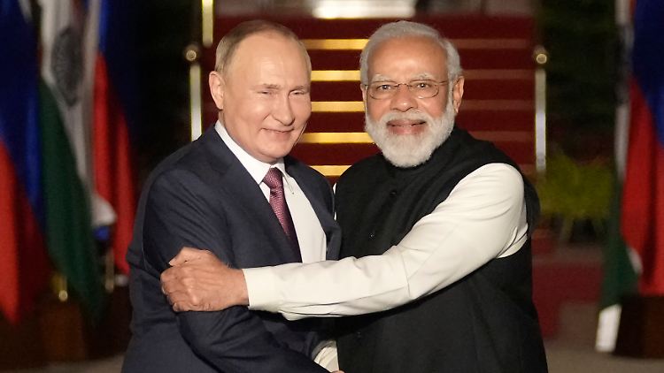 Putin schüttelt Hände mit Indiens Premierminister Narendra Modi.