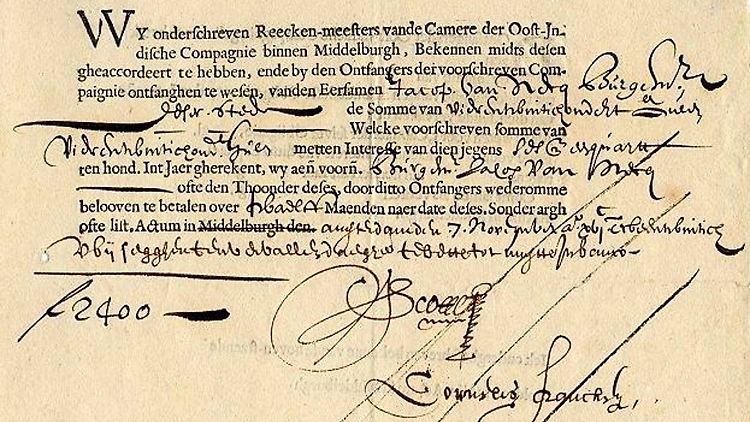 Das erste Unternehmen, das Aktien ausgab, war die "Vereenigde Oost-Indische Compagnie" (VOC).