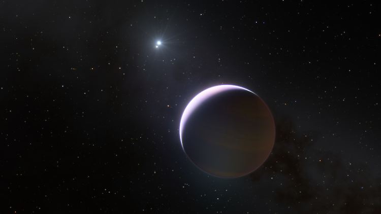 Künstlerische Darstellung des Planeten b Centauri, der ein Doppelsternsystem umkreist, dessen Masse mindestens sechsmal so groß ist wie die der Sonne..