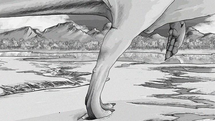 Grafische Rekonstruktion eines laufenden Theropoden.