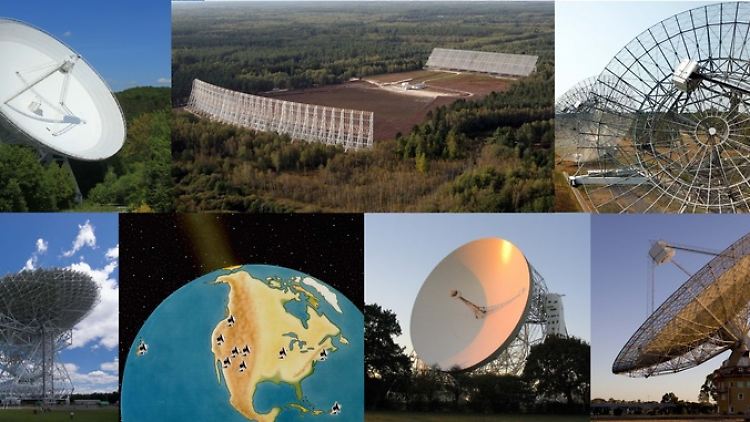 Die sieben zur Pulsar-Beobachtung eingesetzten Radioteleskope im Uhrzeigersinn von o.l.: Effelsberg (Deutschland), Nançay (NRT, Frankreich), Westerbork Synthesis (WSRT, Niederlande), Parkes (Australien), Jodrell Bank (Großbritannien), Very Long Baseline Array (VLBA, USA), Green Bank (GBT, USA).