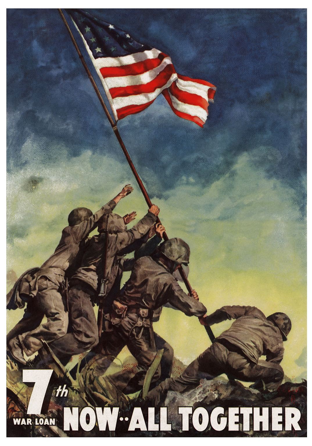 Eins der berühmtesten Fotos des Zweiten Weltkriegs, hier aufgegriffen auf einem Propagandaplakat, entsteht während einer der blutigsten Episoden des Pazifikkriegs: der Schlacht um Iwojima.