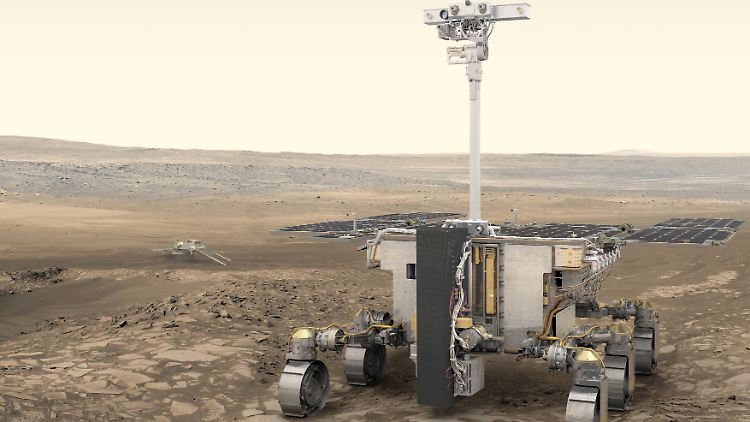 Computergrafik des ExoMars-Rovers der ESA (vorn) und der russischen Wissenschaftsplattform (hinten) auf dem Mars.