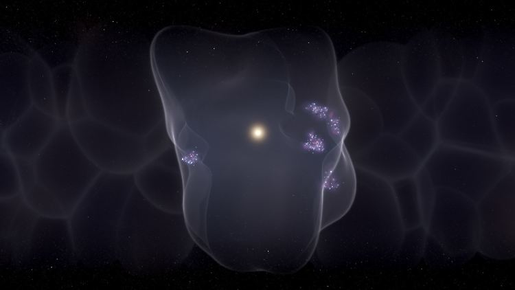 Computergrafik der lokalen Blase mit der Sternentstehung auf deren Oberfläche. 