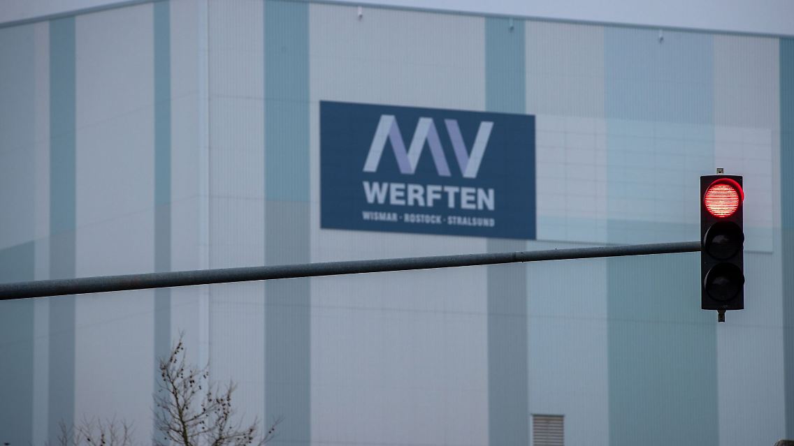 Blick auf die MV Werft mit der großen Schiffbauhalle in Wismar.